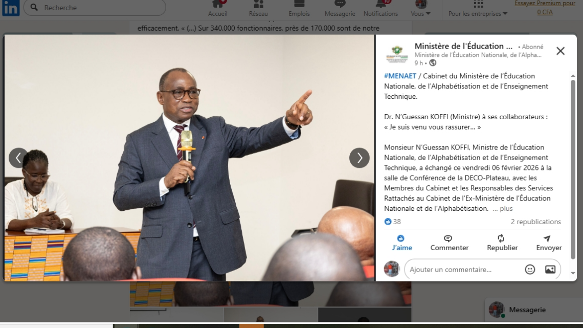 Manet/ Cabinet du Ministère de l’Éducation Nationale, de l’Alphabétisation et de l’Enseignement Technique.  Dr. N’Guessan KOFFI (Ministre) à ses collaborateurs : « Je suis venu vous rassurer… »